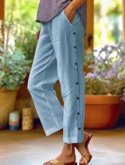 Outlet Women's Cotton Linen Pants Cropped Pants Fashion Casual Ankle-Length Mid Waist Plain Elastic Waist Breathable Comfortable Street Daily Wear Going out Black White Navy Blue Sky Blue Summer Regular Fit Women Pants
