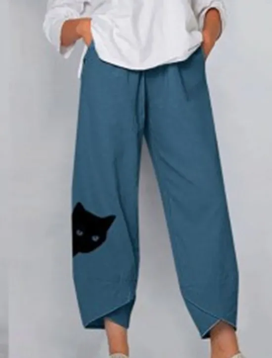 Women's Cotton Linen Pants Chinos Capri shorts Streetwear Simple Casual Ankle-Length Mid Waist Cat Baggy Print Breathable Soft Outdoor Micro-elastic Outdoor Vacation Casual Daily Navy Purple Khaki Women Pants