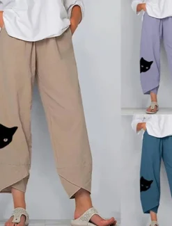 Women's Cotton Linen Pants Chinos Capri shorts Streetwear Simple Casual Ankle-Length Mid Waist Cat Baggy Print Breathable Soft Outdoor Micro-elastic Outdoor Vacation Casual Daily Navy Purple Khaki Women Pants