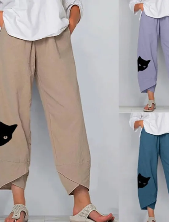 Women's Cotton Linen Pants Chinos Capri shorts Streetwear Simple Casual Ankle-Length Mid Waist Cat Baggy Print Breathable Soft Outdoor Micro-elastic Outdoor Vacation Casual Daily Navy Purple Khaki Women Pants