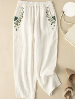 New Women's Cotton Linen Pants Baggy Pants Chinos Fashion Streetwear Ethnic Style Full Length High Waist Floral Embroidered Pocket Elastic Waistband Comfy Soft Comfortable Micro-elastic Outdoor Street Women Pants