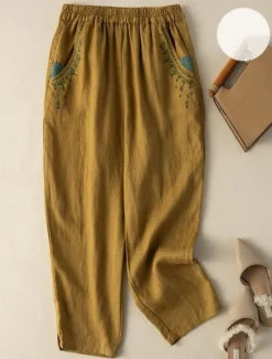 New Women's Cotton Linen Pants Baggy Pants Chinos Fashion Streetwear Ethnic Style Full Length High Waist Floral Embroidered Pocket Elastic Waistband Comfy Soft Comfortable Micro-elastic Outdoor Street Women Pants