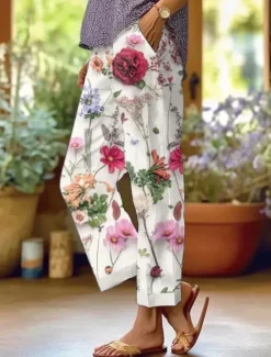 Outlet Women's Cotton Linen Pants Baggy Pants Linen Like Fashion Streetwear Full Length High Waist Floral Graphic Printing Thermal Warm Breathable Soft Micro-elastic Outdoor Daily Women Pants|Leggings
