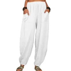 Outlet Women's Cotton Linen Pants Baggy Pants Harem Pants Comfort Solid Color Pocket Elastic Waist Causal Black White Army Green Dark Navy Summer Spring Fall Women Pants