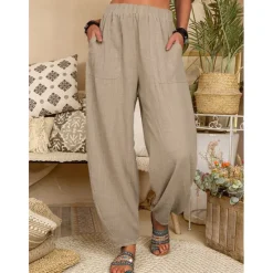 Outlet Women's Cotton Linen Pants Baggy Pants Harem Pants Comfort Solid Color Pocket Elastic Waist Causal Black White Army Green Dark Navy Summer Spring Fall Women Pants