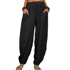 Outlet Women's Cotton Linen Pants Baggy Pants Harem Pants Comfort Solid Color Pocket Elastic Waist Causal Black White Army Green Dark Navy Summer Spring Fall Women Pants