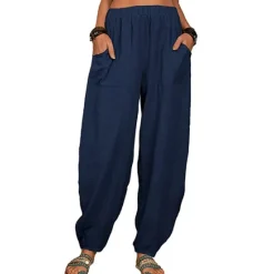 Outlet Women's Cotton Linen Pants Baggy Pants Harem Pants Comfort Solid Color Pocket Elastic Waist Causal Black White Army Green Dark Navy Summer Spring Fall Women Pants