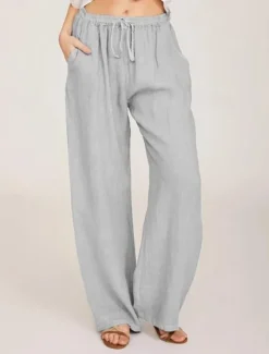 Outlet Women's Cotton Linen Pants Pants Trousers Casual Daily Long Plain Drawstring Side Pockets Breathability Comfortable Inelastic Weekend White Navy Blue Khaki Gray Summer Regular Fit Women Pants