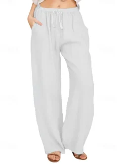 Outlet Women's Cotton Linen Pants Pants Trousers Casual Daily Long Plain Drawstring Side Pockets Breathability Comfortable Inelastic Weekend White Navy Blue Khaki Gray Summer Regular Fit Women Pants