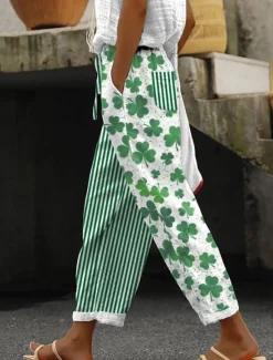 Clearance Women's Cotton Linen Pants Pants Trousers Lightweight Casual Full Length Mid Rise Graphic Shamrock Pocket Drawstring Breathability Comfortable Inelastic Casual Daily Weekend Green Clover Summer Spring Women Pants