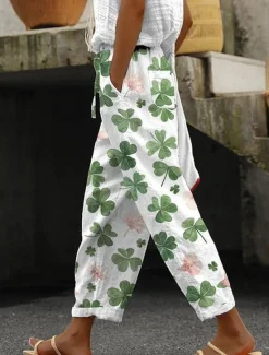 Clearance Women's Cotton Linen Pants Pants Trousers Lightweight Casual Full Length Mid Rise Graphic Shamrock Pocket Drawstring Breathability Comfortable Inelastic Casual Daily Weekend Green Clover Summer Spring Women Pants