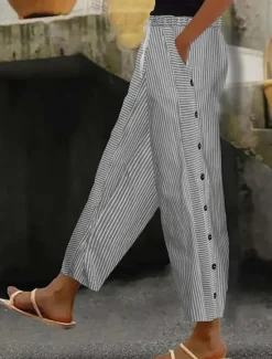Clearance Women's Cotton Linen Pants Slacks Pants Trousers Streetwear Casual Full Length Natural Striped Pocket Elastic Drawstring Design Breathability Soft Micro-elastic Casual Daily Wear Light Yellow Dark Women Pants