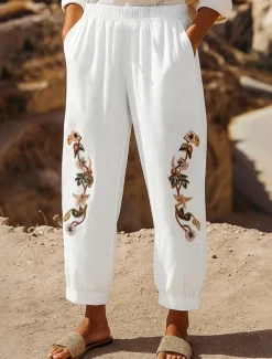 Outlet Women's Cotton Linen Pants Chinos Fashion Basic Ethnic Full Length Medium Waist Floral Embroidered Pocket Drawstring Comfort Outdoor Stretchy Vacation Street Causal Black White Coffee Summer Spring Women Pants