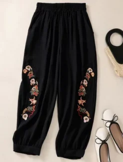 Outlet Women's Cotton Linen Pants Chinos Fashion Basic Ethnic Full Length Medium Waist Floral Embroidered Pocket Drawstring Comfort Outdoor Stretchy Vacation Street Causal Black White Coffee Summer Spring Women Pants