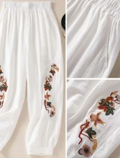 Outlet Women's Cotton Linen Pants Chinos Fashion Basic Ethnic Full Length Medium Waist Floral Embroidered Pocket Drawstring Comfort Outdoor Stretchy Vacation Street Causal Black White Coffee Summer Spring Women Pants