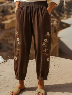 Outlet Women's Cotton Linen Pants Chinos Fashion Basic Ethnic Full Length Medium Waist Floral Embroidered Pocket Drawstring Comfort Outdoor Stretchy Vacation Street Causal Black White Coffee Summer Spring Women Pants