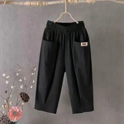 Online Women's Cotton Linen Pants Pants Trousers Casual Daily Calf-Length Plain Pocket Breathability Comfortable Inelastic Going out Weekend Black White Yellow Blue Spring & Summer Regular Fit Women Pants