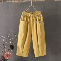 Online Women's Cotton Linen Pants Pants Trousers Casual Daily Calf-Length Plain Pocket Breathability Comfortable Inelastic Going out Weekend Black White Yellow Blue Spring & Summer Regular Fit Women Pants