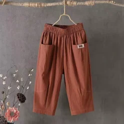 Online Women's Cotton Linen Pants Pants Trousers Casual Daily Calf-Length Plain Pocket Breathability Comfortable Inelastic Going out Weekend Black White Yellow Blue Spring & Summer Regular Fit Women Pants