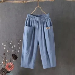 Online Women's Cotton Linen Pants Pants Trousers Casual Daily Calf-Length Plain Pocket Breathability Comfortable Inelastic Going out Weekend Black White Yellow Blue Spring & Summer Regular Fit Women Pants