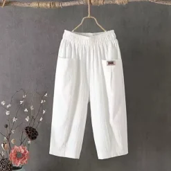 Online Women's Cotton Linen Pants Pants Trousers Casual Daily Calf-Length Plain Pocket Breathability Comfortable Inelastic Going out Weekend Black White Yellow Blue Spring & Summer Regular Fit Women Pants