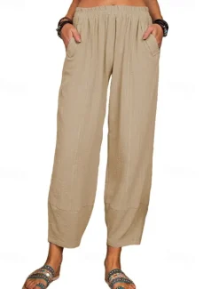 Online Women's Cotton Linen Pants Pants Trousers Lightweight Casual Ankle-Length High Rise Plain Pocket Breathability Comfortable Inelastic Casual Daily Weekend Wine Navy Black White Summer Spring Regular Women Pants