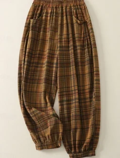 Clearance Women's Cotton Linen Pants Chinos Vacation Vintage Ethnic Style Full Length High Waist Plaid Pocket Drawstring Print Comfort Outdoor Stretchy Vacation Street Causal Yellow Orange Summer Spring Women Pants