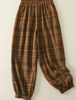 Clearance Women's Cotton Linen Pants Chinos Vacation Vintage Ethnic Style Full Length High Waist Plaid Pocket Drawstring Print Comfort Outdoor Stretchy Vacation Street Causal Yellow Orange Summer Spring Women Pants