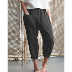 Online Women's Cotton Linen Pants Comfort Pure Color Pocket Elastic Waist Breathable Micro-elastic Home Black White Khaki Summer Women Pants