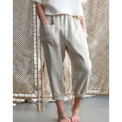 Online Women's Cotton Linen Pants Comfort Pure Color Pocket Elastic Waist Breathable Micro-elastic Home Black White Khaki Summer Women Pants