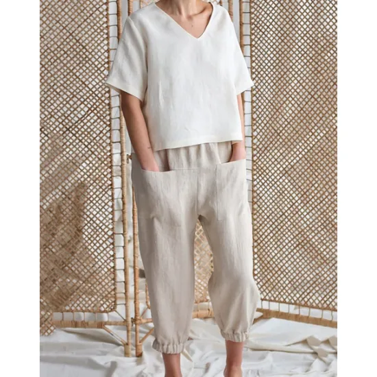 Online Women's Cotton Linen Pants Comfort Pure Color Pocket Elastic Waist Breathable Micro-elastic Home Black White Khaki Summer Women Pants