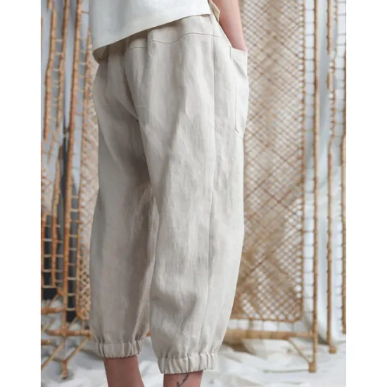 Online Women's Cotton Linen Pants Comfort Pure Color Pocket Elastic Waist Breathable Micro-elastic Home Black White Khaki Summer Women Pants