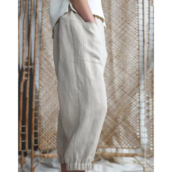 Online Women's Cotton Linen Pants Comfort Pure Color Pocket Elastic Waist Breathable Micro-elastic Home Black White Khaki Summer Women Pants