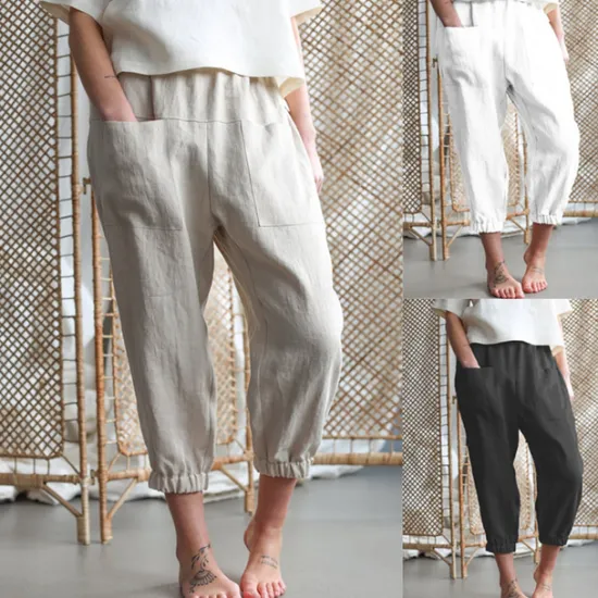 Online Women's Cotton Linen Pants Comfort Pure Color Pocket Elastic Waist Breathable Micro-elastic Home Black White Khaki Summer Women Pants