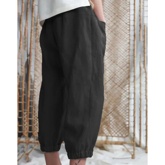 Online Women's Cotton Linen Pants Comfort Pure Color Pocket Elastic Waist Breathable Micro-elastic Home Black White Khaki Summer Women Pants