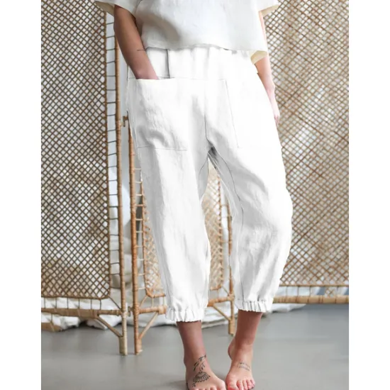 Online Women's Cotton Linen Pants Comfort Pure Color Pocket Elastic Waist Breathable Micro-elastic Home Black White Khaki Summer Women Pants