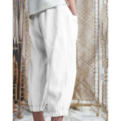 Online Women's Cotton Linen Pants Comfort Pure Color Pocket Elastic Waist Breathable Micro-elastic Home Black White Khaki Summer Women Pants
