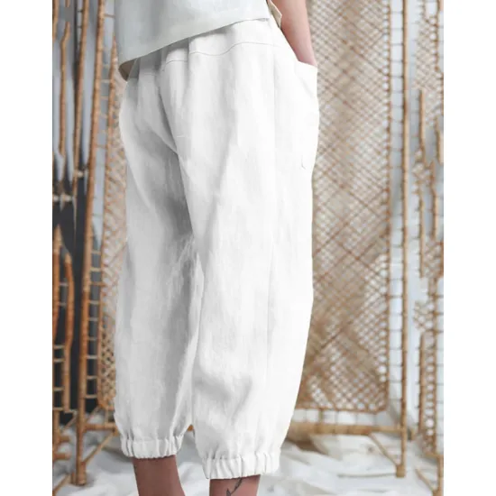 Online Women's Cotton Linen Pants Comfort Pure Color Pocket Elastic Waist Breathable Micro-elastic Home Black White Khaki Summer Women Pants