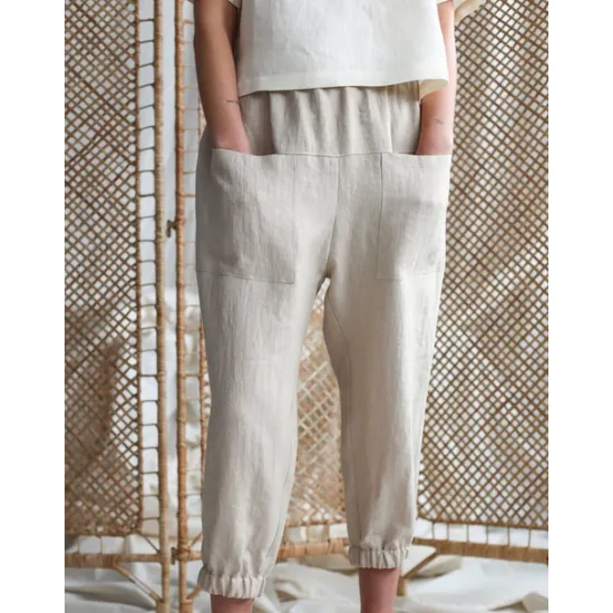 Online Women's Cotton Linen Pants Comfort Pure Color Pocket Elastic Waist Breathable Micro-elastic Home Black White Khaki Summer Women Pants