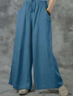 Discount Women's Cotton Linen Pants Wide Leg Baggy Pants Solid Color Vacation Basic Casual Full Length High Waist Plain Pocket Elastic Waist Comfort Outdoor Micro-elastic Vacation Street Daily Women Pants