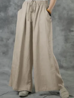 Discount Women's Cotton Linen Pants Wide Leg Baggy Pants Solid Color Vacation Basic Casual Full Length High Waist Plain Pocket Elastic Waist Comfort Outdoor Micro-elastic Vacation Street Daily Women Pants