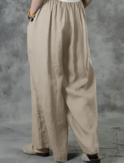 Discount Women's Cotton Linen Pants Wide Leg Baggy Pants Solid Color Vacation Basic Casual Full Length High Waist Plain Pocket Elastic Waist Comfort Outdoor Micro-elastic Vacation Street Daily Women Pants