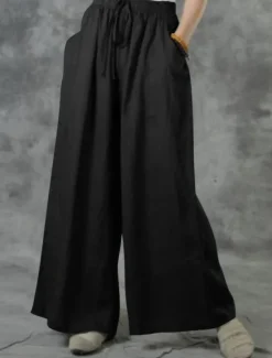Discount Women's Cotton Linen Pants Wide Leg Baggy Pants Solid Color Vacation Basic Casual Full Length High Waist Plain Pocket Elastic Waist Comfort Outdoor Micro-elastic Vacation Street Daily Women Pants