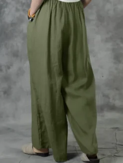 Discount Women's Cotton Linen Pants Wide Leg Baggy Pants Solid Color Vacation Basic Casual Full Length High Waist Plain Pocket Elastic Waist Comfort Outdoor Micro-elastic Vacation Street Daily Women Pants