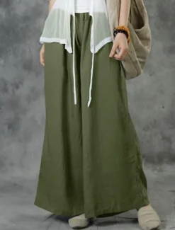 Discount Women's Cotton Linen Pants Wide Leg Baggy Pants Solid Color Vacation Basic Casual Full Length High Waist Plain Pocket Elastic Waist Comfort Outdoor Micro-elastic Vacation Street Daily Women Pants