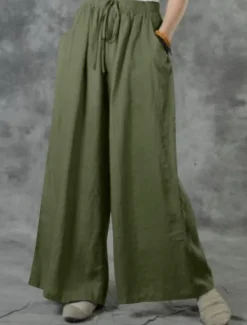 Discount Women's Cotton Linen Pants Wide Leg Baggy Pants Solid Color Vacation Basic Casual Full Length High Waist Plain Pocket Elastic Waist Comfort Outdoor Micro-elastic Vacation Street Daily Women Pants