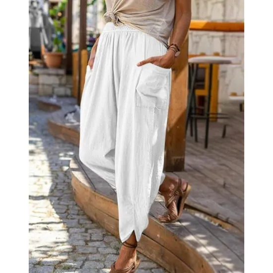 Best Women's Cotton Linen Pants with Side Pockets Wide-Leg Loose Casual Summer Fall White Light Blue S 2XL Women Pants