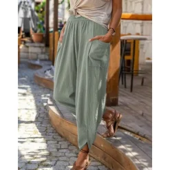 Best Women's Cotton Linen Pants with Side Pockets Wide-Leg Loose Casual Summer Fall White Light Blue S 2XL Women Pants