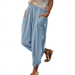 Best Women's Cotton Linen Pants with Side Pockets Wide-Leg Loose Casual Summer Fall White Light Blue S 2XL Women Pants