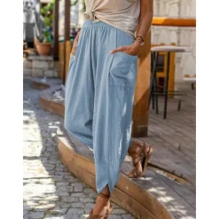 Best Women's Cotton Linen Pants with Side Pockets Wide-Leg Loose Casual Summer Fall White Light Blue S 2XL Women Pants